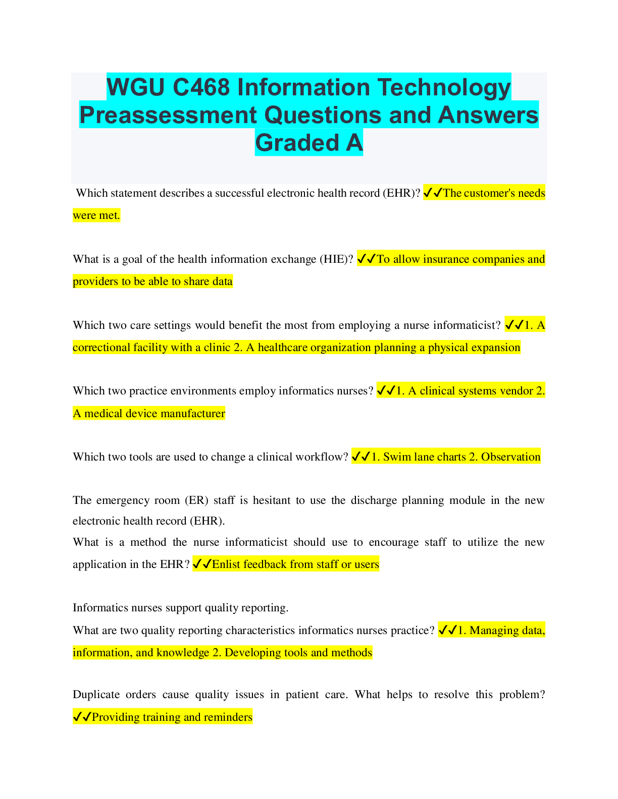 Preview image of WGU C468 Information Technology Preassessment Questions and Answers Graded A document